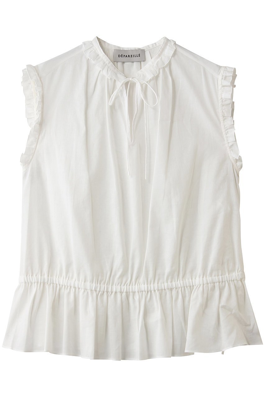 【デパリエ/DEPAREILLE】のラミーコットンスリーブレスフリルブラウス 人気、トレンドファッション・服の通販 founy(ファニー) 　ファッション　Fashion　レディースファッション　Fashion for Women　トップス・カットソー　Cut & Sew Tops　キャミソール&ノースリーブ　Camisoles & Sleeveless Tops　シャツ・ブラウス・オフィスカジュアル　Elegant Blouses & Button-Ups　センター　Center, Center Line　デニム　Denim, Jeans Material　ノースリーブ　Sleeveless, No-Sleeve　フェミニン　Feminine, Girly　フリル　Frill, Ruffle　リボン　Ribbon, Bow　エレガント 上品　Elegant　再入荷　Restock / Back in Stock　夏　Summer　 other-1|ID: prp329100004923188 ipo3291000000036940879