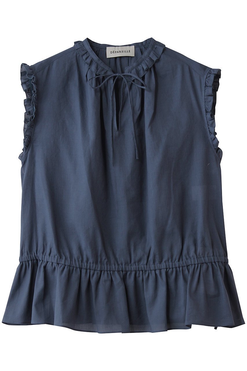 【デパリエ/DEPAREILLE】のラミーコットンスリーブレスフリルブラウス インテリア・キッズ・メンズ・レディースファッション・服の通販 founy(ファニー) 　ファッション　Fashion　レディースファッション　Fashion for Women　トップス・カットソー　Cut & Sew Tops　キャミソール&ノースリーブ　Camisoles & Sleeveless Tops　シャツ・ブラウス・オフィスカジュアル　Elegant Blouses & Button-Ups　センター　Center, Center Line　デニム　Denim, Jeans Material　ノースリーブ　Sleeveless, No-Sleeve　フェミニン　Feminine, Girly　フリル　Frill, Ruffle　リボン　Ribbon, Bow　エレガント 上品　Elegant　再入荷　Restock / Back in Stock　夏　Summer　ブルー|ID: prp329100004923188 ipo3291000000036940883