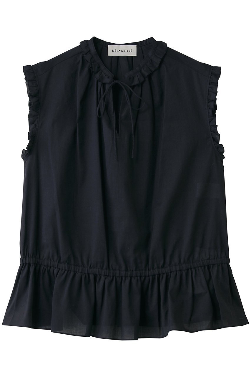 【デパリエ/DEPAREILLE】のラミーコットンスリーブレスフリルブラウス インテリア・キッズ・メンズ・レディースファッション・服の通販 founy(ファニー) 　ファッション　Fashion　レディースファッション　Fashion for Women　トップス・カットソー　Cut & Sew Tops　キャミソール&ノースリーブ　Camisoles & Sleeveless Tops　シャツ・ブラウス・オフィスカジュアル　Elegant Blouses & Button-Ups　センター　Center, Center Line　デニム　Denim, Jeans Material　ノースリーブ　Sleeveless, No-Sleeve　フェミニン　Feminine, Girly　フリル　Frill, Ruffle　リボン　Ribbon, Bow　エレガント 上品　Elegant　再入荷　Restock / Back in Stock　夏　Summer　ネイビー|ID: prp329100004923188 ipo3291000000036940885