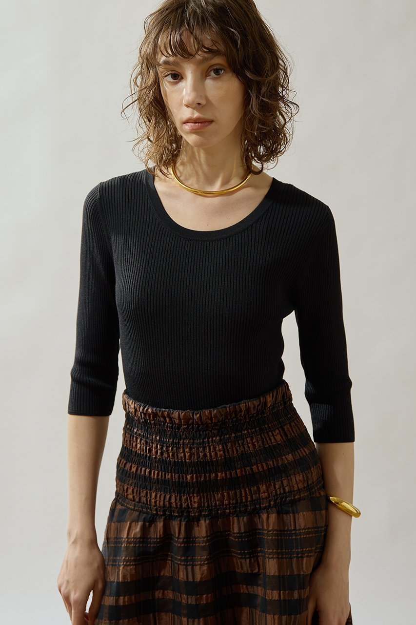 【ウィムガゼット/Whim Gazette】の【Drawing Numbers】リブハーフスリーブニット インテリア・キッズ・メンズ・レディースファッション・服の通販 founy(ファニー) 　ファッション　Fashion　レディースファッション　Fashion for Women　トップス・カットソー　Cut & Sew Tops　ニット　Knit Tops & Sweaters　カジュアルプルオーバー・ニットトップス　Pullovers & Knit Tops / Casual Pullovers　インナー　Innerwear　クラシック　Classic, Timeless Style　シンプル　Simple, Minimal　デコルテ　Décolleté, Neckline　ラウンド　Round, Round Neck　リブニット　Rib Knit, Ribbed Knit　エレガント 上品　Elegant　新作・新入荷　New Arrivals / New In　ブラック|ID: prp329100004923445 ipo3291000000036942993