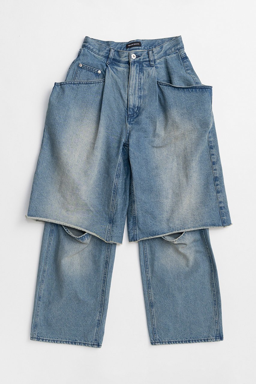 【メゾンスペシャル/MAISON SPECIAL】のLayered Denim Pants/レイヤードデニムパンツ インテリア・キッズ・メンズ・レディースファッション・服の通販 founy(ファニー) 　ファッション　Fashion　レディースファッション　Fashion for Women　パンツ　Pants & Trousers　デニムパンツ・ジーンズ・美脚デニム　Denim Jeans & Pants　スリット　Slit, Slit Detail　デニム　Denim, Jeans Material　ハーフ　Half, Half-Length　バランス　Balance, Style Balance　フォルム　Silhouette, Form　ロング　Long, Long-Length　新作・新入荷　New Arrivals / New In　BLU(ブルー)|ID: prp329100004923765 ipo3291000000036945128