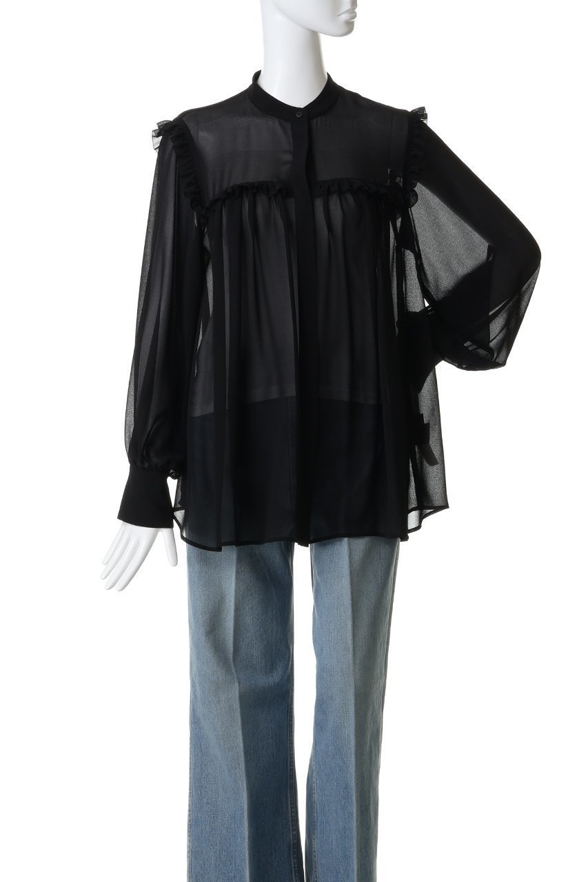 【シンゾーン/Shinzone】のジョーゼットラッフルブラウス 人気、トレンドファッション・服の通販 founy(ファニー) 　ファッション　Fashion　レディースファッション　Fashion for Women　トップス・カットソー　Cut & Sew Tops　シャツ・ブラウス・オフィスカジュアル　Elegant Blouses & Button-Ups　おすすめ　Recommended / Our Picks　ギャザー　Gathered, Ruffled　ジョーゼット　Georgette, Semi-Sheer Fabric　スタンド　Stand Collar, Upright Stand　スリーブ　Sleeve, Long Sleeve / Short Sleeve　デニム　Denim, Jeans Material　フェミニン　Feminine, Girly　フリル　Frill, Ruffle　ミックス　Mix, Mixed Style　ロング　Long, Long-Length　other-2|ID: prp329100004924478 ipo3291000000036950844