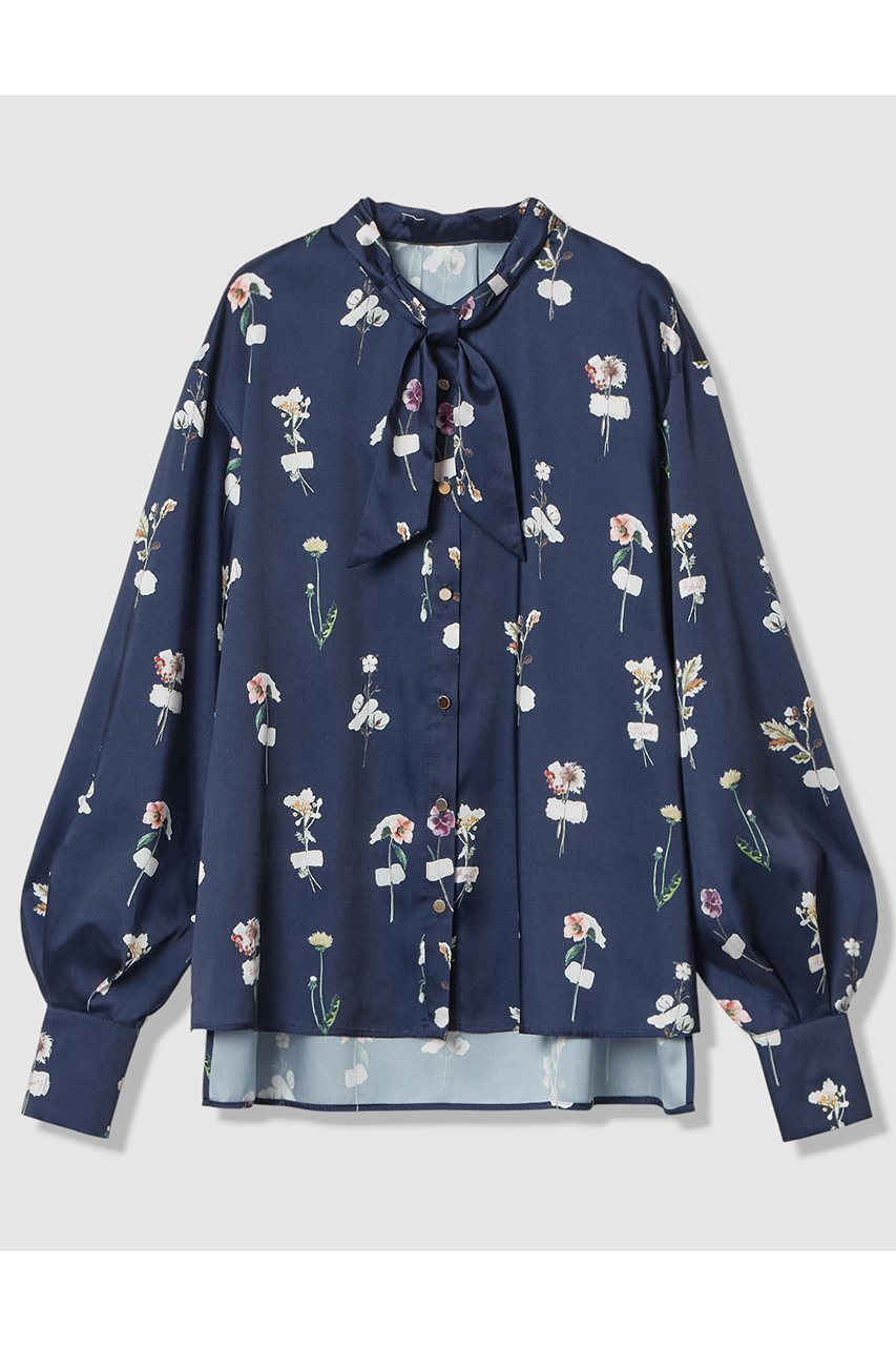 【アナイ/ANAYI】のボタニカルサテンプリントスカーフタイ ブラウス インテリア・キッズ・メンズ・レディースファッション・服の通販 founy(ファニー) 　ファッション　Fashion　レディースファッション　Fashion for Women　トップス・カットソー　Cut & Sew Tops　シャツ・ブラウス・オフィスカジュアル　Elegant Blouses & Button-Ups　ショルダー　Shoulder, Shoulder Strap　シンプル　Simple, Minimal　スカーフ　Scarf, Neckwear　スタンド　Stand Collar, Upright Stand　スリーブ　Sleeve, Long Sleeve / Short Sleeve　ドロップ　Drop Shoulder, Dropped Style　プリント　Print, Printed Pattern　ボタニカル　Botanical, Floral Pattern　モチーフ　Motif, Design Theme　リラックス　Relax, Relaxed Fit　ロング　Long, Long-Length　ネイビー|ID: prp329100004924694 ipo3291000000036952497