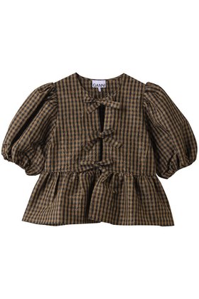 【ガニー/GANNI】 Crinkled Taffeta チェック ペプラムブラウス人気、トレンドファッション・服の通販 founy(ファニー) ファッション Fashion レディースファッション Fashion for Women トップス・カットソー Cut & Sew Tops シャツ・ブラウス・オフィスカジュアル Elegant Blouses & Button-Ups ショート Short, Short Length スリーブ Sleeve, Long Sleeve / Short Sleeve チェック Check, Plaid, Tartan デニム Denim, Jeans Material フレア Flare, Flared ペプラム Peplum, Flared Hem リボン Ribbon, Bow |ID:prp329100004926616