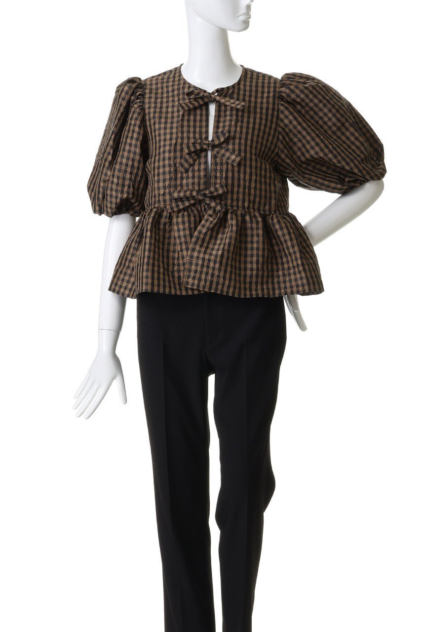 【ガニー/GANNI】のCrinkled Taffeta チェック ペプラムブラウス 人気、トレンドファッション・服の通販 founy(ファニー) 　ファッション　Fashion　レディースファッション　Fashion for Women　トップス・カットソー　Cut & Sew Tops　シャツ・ブラウス・オフィスカジュアル　Elegant Blouses & Button-Ups　ショート　Short, Short Length　スリーブ　Sleeve, Long Sleeve / Short Sleeve　チェック　Check, Plaid, Tartan　デニム　Denim, Jeans Material　フレア　Flare, Flared　ペプラム　Peplum, Flared Hem　リボン　Ribbon, Bow　other-2|ID: prp329100004926616 ipo3291000000036966643