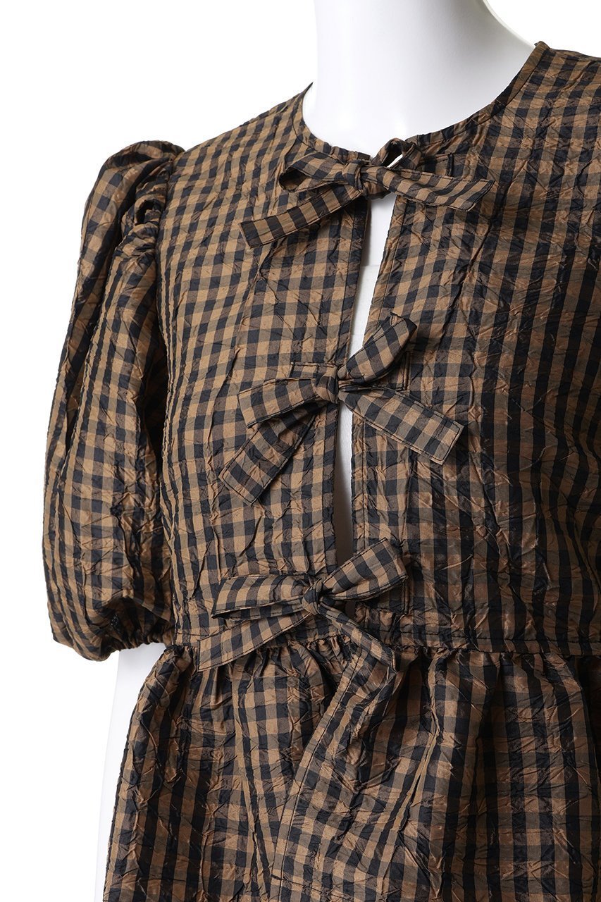 【ガニー/GANNI】のCrinkled Taffeta チェック ペプラムブラウス 人気、トレンドファッション・服の通販 founy(ファニー) 　ファッション　Fashion　レディースファッション　Fashion for Women　トップス・カットソー　Cut & Sew Tops　シャツ・ブラウス・オフィスカジュアル　Elegant Blouses & Button-Ups　ショート　Short, Short Length　スリーブ　Sleeve, Long Sleeve / Short Sleeve　チェック　Check, Plaid, Tartan　デニム　Denim, Jeans Material　フレア　Flare, Flared　ペプラム　Peplum, Flared Hem　リボン　Ribbon, Bow　other-5|ID: prp329100004926616 ipo3291000000036966646