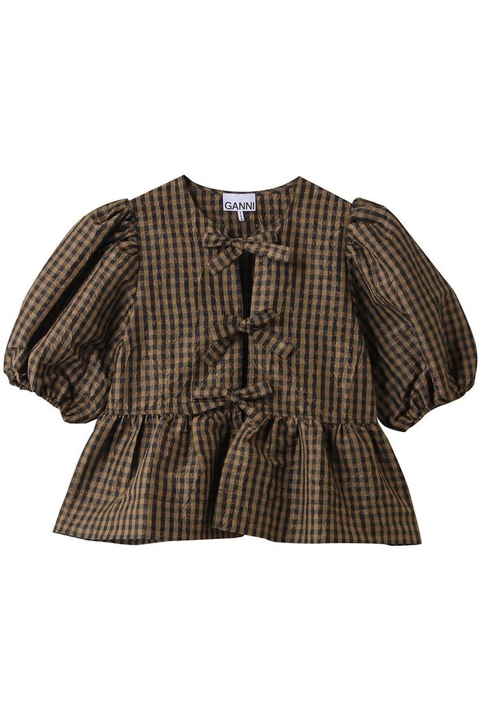 【ガニー/GANNI】のCrinkled Taffeta チェック ペプラムブラウス インテリア・キッズ・メンズ・レディースファッション・服の通販 founy(ファウニー) https://founy.com/ ファッション Fashion レディースファッション Fashion for Women トップス・カットソー Cut & Sew Tops シャツ・ブラウス・オフィスカジュアル Elegant Blouses & Button-Ups ショート Short, Short Length スリーブ Sleeve, Long Sleeve / Short Sleeve チェック Check, Plaid, Tartan デニム Denim, Jeans Material フレア Flare, Flared ペプラム Peplum, Flared Hem リボン Ribbon, Bow |ID: prp329100004926616 ipo3291000000037322541