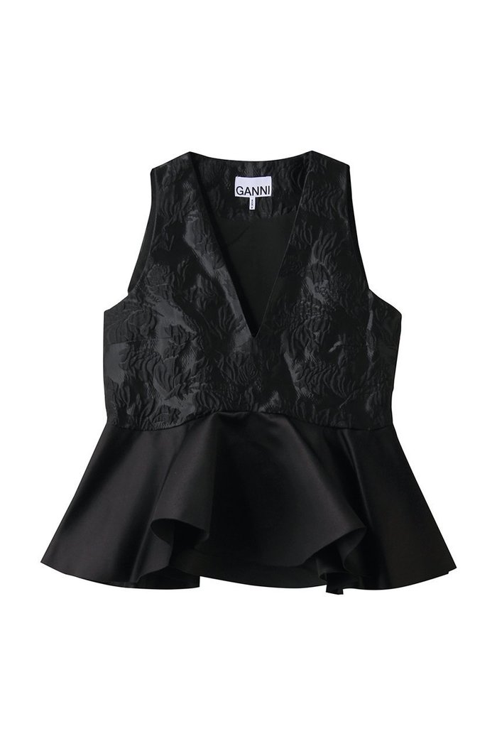 【ガニー/GANNI】のSatin Cloque スリーブレス ペプラムブラウス インテリア・キッズ・メンズ・レディースファッション・服の通販 founy(ファニー) https://founy.com/ ファッション Fashion レディースファッション Fashion for Women トップス・カットソー Cut & Sew Tops キャミソール&ノースリーブ Camisoles & Sleeveless Tops シャツ・ブラウス・オフィスカジュアル Elegant Blouses & Button-Ups サテン Satin, Glossy Fabric スリーブ Sleeve, Long Sleeve / Short Sleeve ノースリーブ Sleeveless, No-Sleeve パーティ Party, Party Style フラワー Flower, Floral フレア Flare, Flared ペプラム Peplum, Flared Hem |ID: prp329100004926617 ipo3291000000036966647