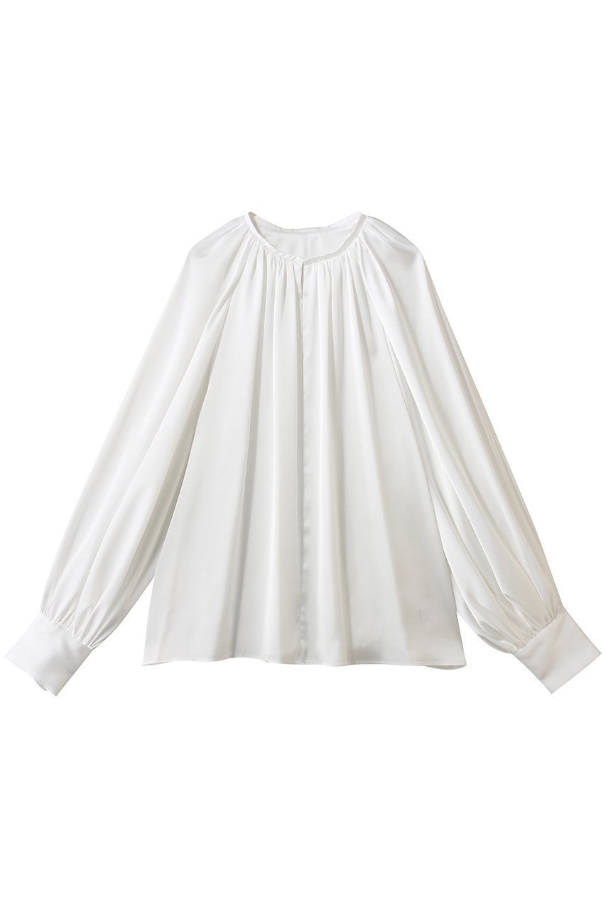 【ハー/HER.】のギャザーサテンブラウス インテリア・キッズ・メンズ・レディースファッション・服の通販 founy(ファニー) 　ファッション　Fashion　レディースファッション　Fashion for Women　トップス・カットソー　Cut & Sew Tops　シャツ・ブラウス・オフィスカジュアル　Elegant Blouses & Button-Ups　サテン　Satin, Glossy Fabric　スリーブ　Sleeve, Long Sleeve / Short Sleeve　フロント　Front, Front Design　ロング　Long, Long-Length　エレガント 上品　Elegant　オフホワイト|ID: prp329100004926632 ipo3291000000036966764
