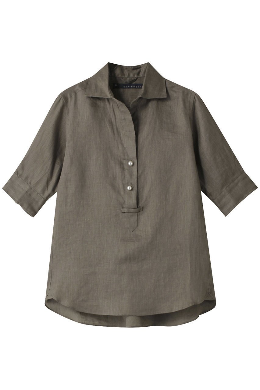 【マルティニーク/martinique】の五分袖パールスキッパー(一部WEB限定カラー) インテリア・キッズ・メンズ・レディースファッション・服の通販 founy(ファニー) 　ファッション　Fashion　レディースファッション　Fashion for Women　トップス・カットソー　Cut & Sew Tops　シャツ・ブラウス・オフィスカジュアル　Elegant Blouses & Button-Ups　おすすめ　Recommended / Our Picks　ショート　Short, Short Length　スキッパー　Skipper, Open Collar　スリーブ　Sleeve, Long Sleeve / Short Sleeve　パール　Pearl, Pearl Accent　リネン　Linen, Linen Fabric　夏　Summer　定番　Standard, Basic Item　カーキ|ID: prp329100004926720 ipo3291000000036967427