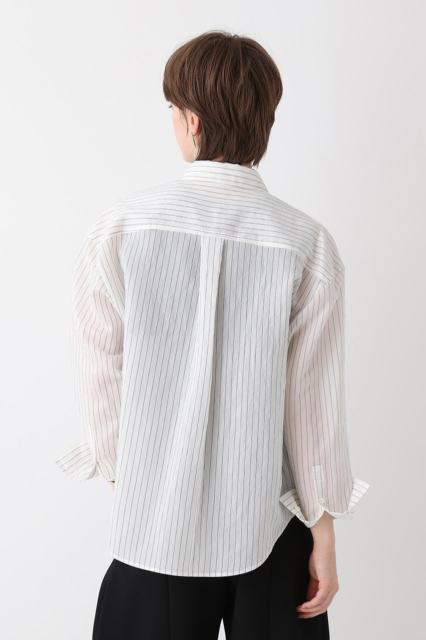 【アルアバイル/allureville】のストライプシアーシャツ 人気、トレンドファッション・服の通販 founy(ファニー) 　ファッション　Fashion　レディースファッション　Fashion for Women　トップス・カットソー　Cut & Sew Tops　シャツ・ブラウス・オフィスカジュアル　Elegant Blouses & Button-Ups　なめらか　Smooth, Silky Texture　キュプラ　Cupro, Eco Fabric　シルク　Silk, 100% Silk　ストライプ　Stripe, Striped Pattern　スリーブ　Sleeve, Long Sleeve / Short Sleeve　パッチ　Patch, Appliqué　ポケット　Pocket, Pocket Detail　ロング　Long, Long-Length　エレガント 上品　Elegant　切替　Switching, Contrast Panel　other-5|ID: prp329100004926729 ipo3291000000036967486