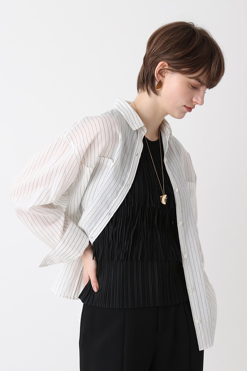 【アルアバイル/allureville】のストライプシアーシャツ 人気、トレンドファッション・服の通販 founy(ファニー) 　ファッション　Fashion　レディースファッション　Fashion for Women　トップス・カットソー　Cut & Sew Tops　シャツ・ブラウス・オフィスカジュアル　Elegant Blouses & Button-Ups　なめらか　Smooth, Silky Texture　キュプラ　Cupro, Eco Fabric　シルク　Silk, 100% Silk　ストライプ　Stripe, Striped Pattern　スリーブ　Sleeve, Long Sleeve / Short Sleeve　パッチ　Patch, Appliqué　ポケット　Pocket, Pocket Detail　ロング　Long, Long-Length　エレガント 上品　Elegant　切替　Switching, Contrast Panel　other-6|ID: prp329100004926729 ipo3291000000036967487