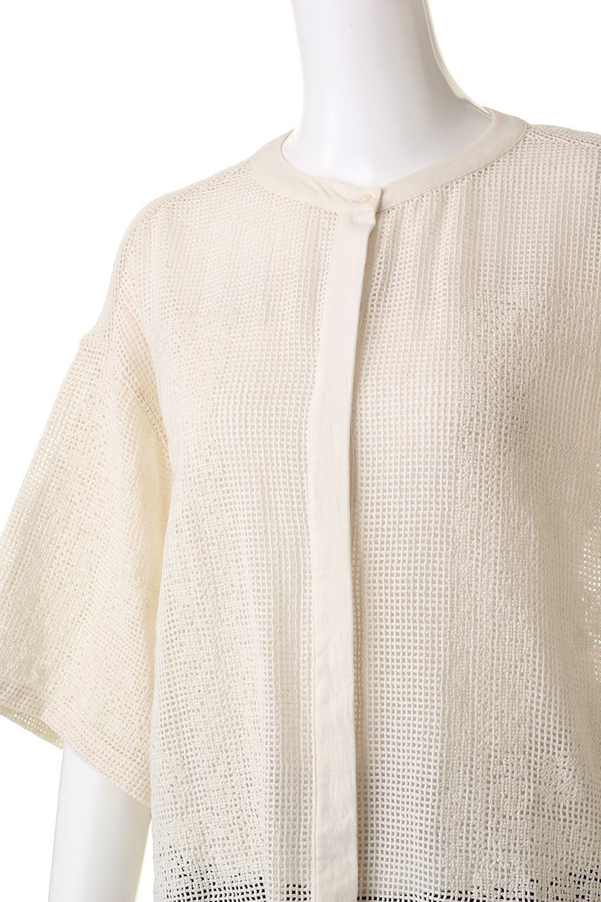 【プルミエ アロンディスモン/1er Arrondissement】の【normment】コットンメッシュレースブラウス 人気、トレンドファッション・服の通販 founy(ファニー) 　ファッション　Fashion　レディースファッション　Fashion for Women　トップス・カットソー　Cut & Sew Tops　シャツ・ブラウス・オフィスカジュアル　Elegant Blouses & Button-Ups　ショート　Short, Short Length　スタンド　Stand Collar, Upright Stand　スリーブ　Sleeve, Long Sleeve / Short Sleeve　デニム　Denim, Jeans Material　ファブリック　Fabric, Textile　メッシュ　Mesh, Net Fabric　other-5|ID: prp329100004926740 ipo3291000000036967570