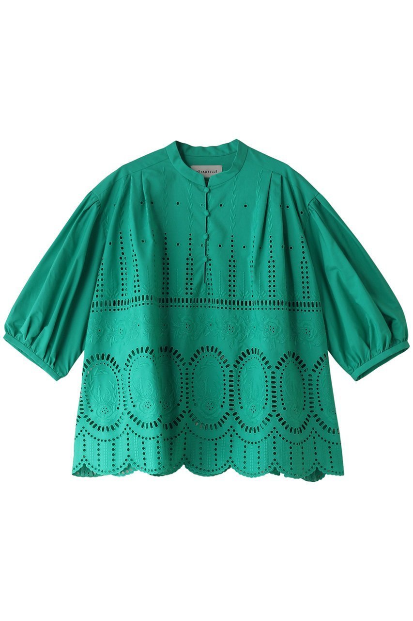 【デパリエ/DEPAREILLE】のフラワーエンブロイダリーブラウス インテリア・キッズ・メンズ・レディースファッション・服の通販 founy(ファニー) 　ファッション　Fashion　レディースファッション　Fashion for Women　トップス・カットソー　Cut & Sew Tops　シャツ・ブラウス・オフィスカジュアル　Elegant Blouses & Button-Ups　ギャザー　Gathered, Ruffled　ショート　Short, Short Length　スリーブ　Sleeve, Long Sleeve / Short Sleeve　ヘムライン　Hemline, Bottom Cut　夏　Summer　グリーン|ID: prp329100004926756 ipo3291000000036967700