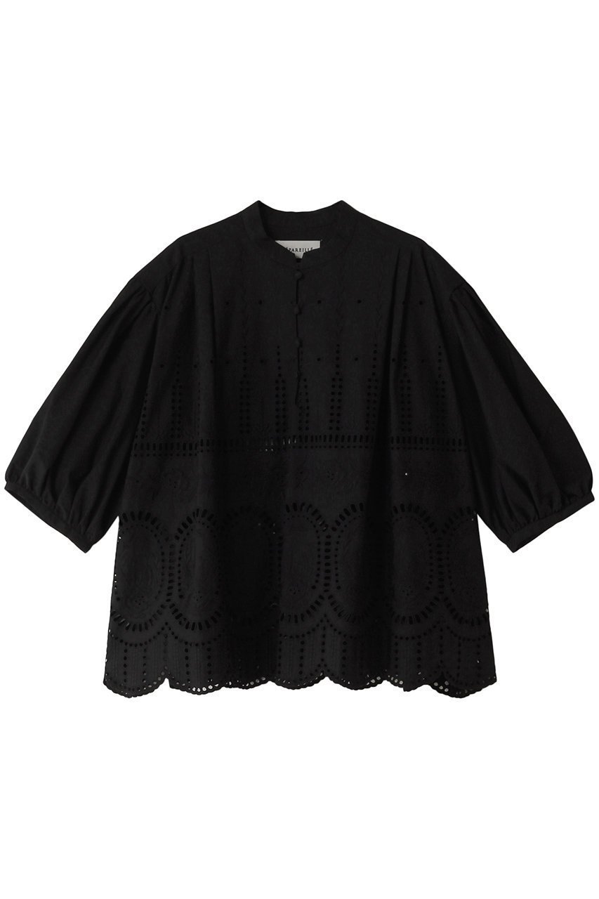 【デパリエ/DEPAREILLE】のフラワーエンブロイダリーブラウス インテリア・キッズ・メンズ・レディースファッション・服の通販 founy(ファニー) 　ファッション　Fashion　レディースファッション　Fashion for Women　トップス・カットソー　Cut & Sew Tops　シャツ・ブラウス・オフィスカジュアル　Elegant Blouses & Button-Ups　ギャザー　Gathered, Ruffled　ショート　Short, Short Length　スリーブ　Sleeve, Long Sleeve / Short Sleeve　ヘムライン　Hemline, Bottom Cut　夏　Summer　ブラック|ID: prp329100004926756 ipo3291000000036967701