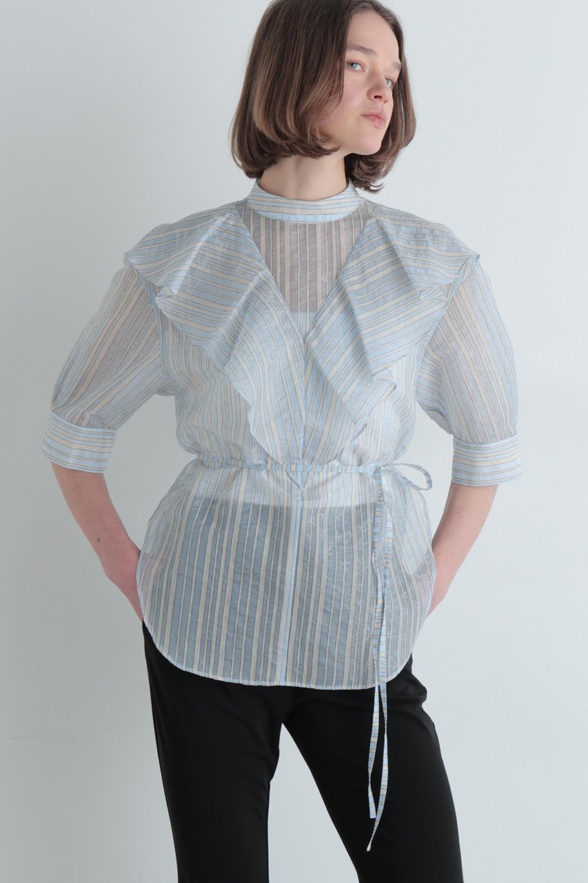 【ル フィル/LE PHIL】のストライプラッフルブラウス 人気、トレンドファッション・服の通販 founy(ファニー) 　ファッション　Fashion　レディースファッション　Fashion for Women　トップス・カットソー　Cut & Sew Tops　シャツ・ブラウス・オフィスカジュアル　Elegant Blouses & Button-Ups　カッティング　Cutting Detail　シアー　Sheer, See-Through　ショート　Short, Short Length　ジャカード／ジャガード　Jacquard, Woven Pattern　ストライプ　Stripe, Striped Pattern　スリーブ　Sleeve, Long Sleeve / Short Sleeve　ビッグ　Big, Oversized　ラッフル　Ruffle, Frill　夏　Summer　春　Spring　S/S・春夏　SS, Spring/Summer, Warm Season　other-2|ID: prp329100004926854 ipo3291000000036968369