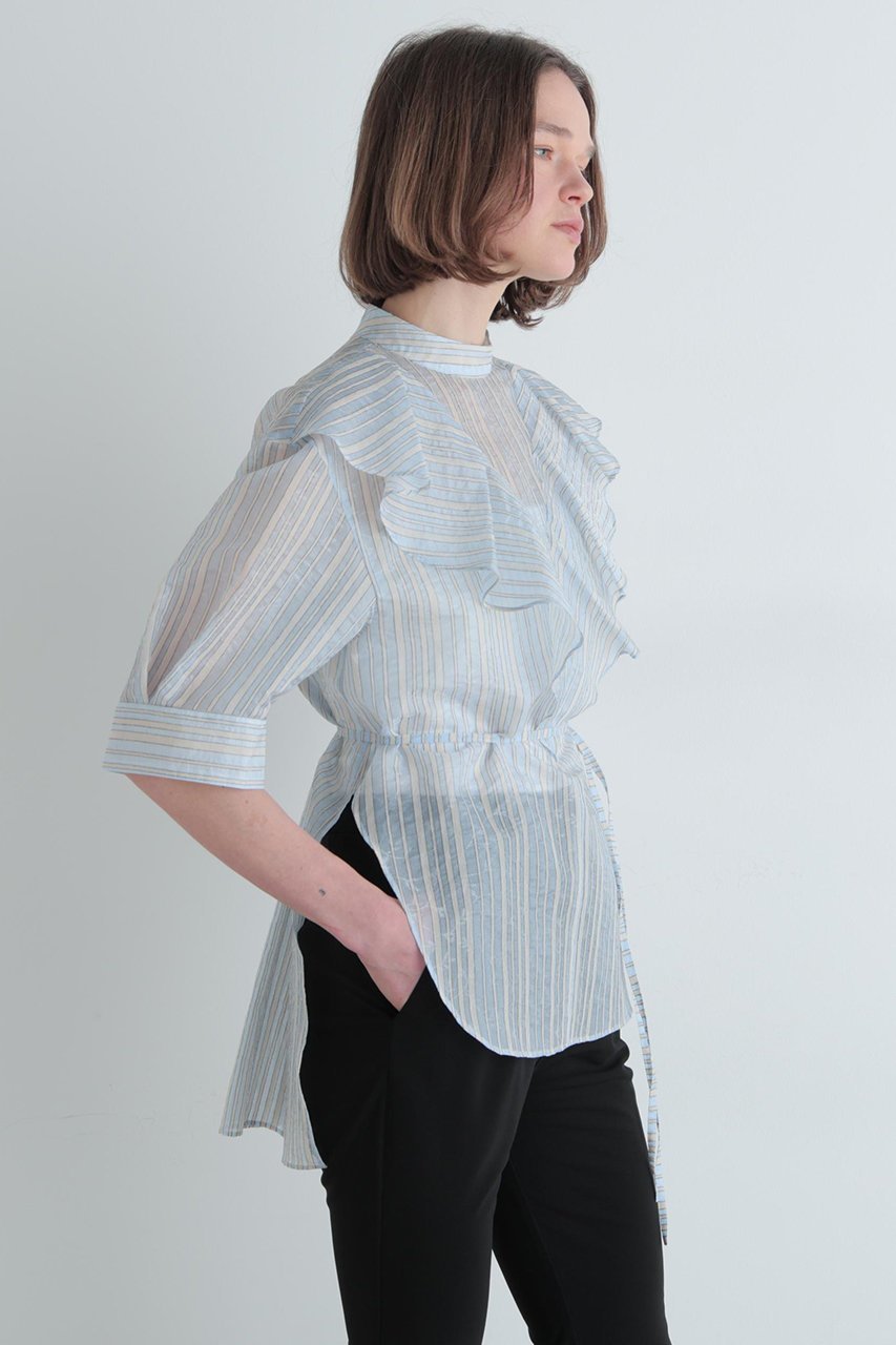 【ル フィル/LE PHIL】のストライプラッフルブラウス 人気、トレンドファッション・服の通販 founy(ファニー) 　ファッション　Fashion　レディースファッション　Fashion for Women　トップス・カットソー　Cut & Sew Tops　シャツ・ブラウス・オフィスカジュアル　Elegant Blouses & Button-Ups　カッティング　Cutting Detail　シアー　Sheer, See-Through　ショート　Short, Short Length　ジャカード／ジャガード　Jacquard, Woven Pattern　ストライプ　Stripe, Striped Pattern　スリーブ　Sleeve, Long Sleeve / Short Sleeve　ビッグ　Big, Oversized　ラッフル　Ruffle, Frill　夏　Summer　春　Spring　S/S・春夏　SS, Spring/Summer, Warm Season　other-4|ID: prp329100004926854 ipo3291000000036968371