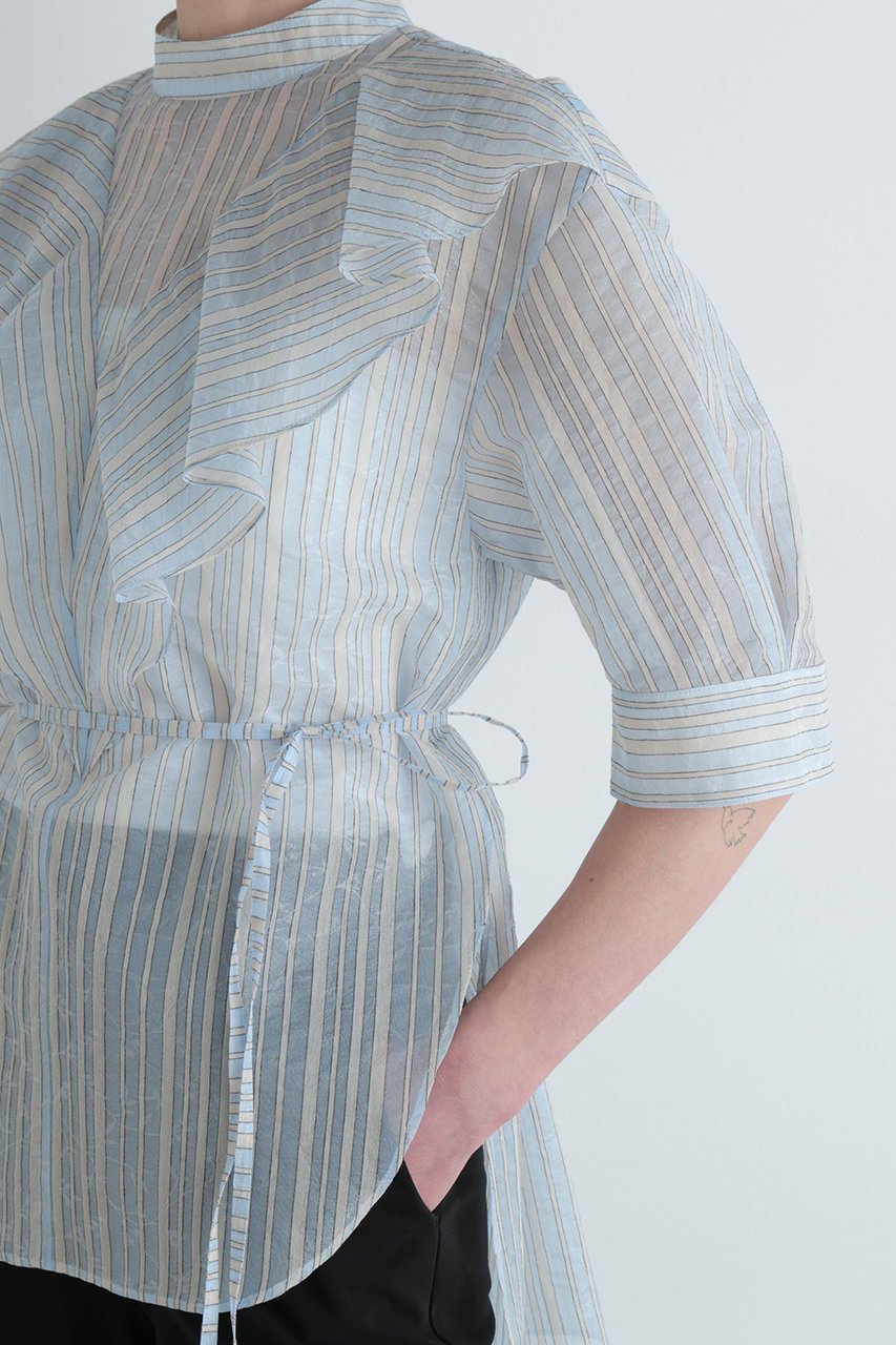 【ル フィル/LE PHIL】のストライプラッフルブラウス 人気、トレンドファッション・服の通販 founy(ファニー) 　ファッション　Fashion　レディースファッション　Fashion for Women　トップス・カットソー　Cut & Sew Tops　シャツ・ブラウス・オフィスカジュアル　Elegant Blouses & Button-Ups　カッティング　Cutting Detail　シアー　Sheer, See-Through　ショート　Short, Short Length　ジャカード／ジャガード　Jacquard, Woven Pattern　ストライプ　Stripe, Striped Pattern　スリーブ　Sleeve, Long Sleeve / Short Sleeve　ビッグ　Big, Oversized　ラッフル　Ruffle, Frill　夏　Summer　春　Spring　S/S・春夏　SS, Spring/Summer, Warm Season　other-7|ID: prp329100004926854 ipo3291000000036968374