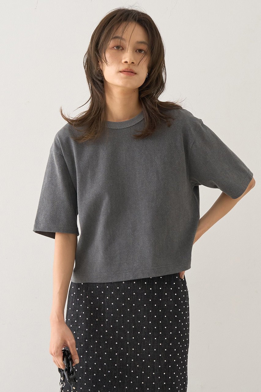 【デザイン ワークス/DESIGN WORKS】のバックリボンヴィンテージ加工Tシャツ インテリア・キッズ・メンズ・レディースファッション・服の通販 founy(ファニー) 　ファッション　Fashion　レディースファッション　Fashion for Women　トップス・カットソー　Cut & Sew Tops　シャツ・ブラウス・オフィスカジュアル　Elegant Blouses & Button-Ups　ロングTシャツ・Tシャツ　Longline T-Shirts & Tees　カットソー・ベーシックTシャツ　Cut-and-Sewn Tops / Stretch Tees & Basics　ショート　Short, Short Length　スリーブ　Sleeve, Long Sleeve / Short Sleeve　タフタ　Taffeta, Structured Fabric　デニム　Denim, Jeans Material　リボン　Ribbon, Bow　ヴィンテージ　Vintage Style　グレー|ID: prp329100004927092 ipo3291000000036970409