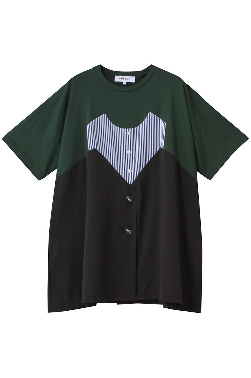 【エンフォルド/ENFOLD】のLAYERED-LIKE T-SHIRT/Tシャツ インテリア・キッズ・メンズ・レディースファッション・服の通販 founy(ファニー) 　ファッション　Fashion　レディースファッション　Fashion for Women　トップス・カットソー　Cut & Sew Tops　シャツ・ブラウス・オフィスカジュアル　Elegant Blouses & Button-Ups　ロングTシャツ・Tシャツ　Longline T-Shirts & Tees　カットソー・ベーシックTシャツ　Cut-and-Sewn Tops / Stretch Tees & Basics　ショート　Short, Short Length　スリーブ　Sleeve, Long Sleeve / Short Sleeve　スーツ　Suit, Formalwear　ドッキング　Docking, Mixed Material　ビスチェ　Bustier, Corset Top　ベスト　Vest, Waistcoat　ダークグリーン|ID: prp329100004927175 ipo3291000000036970980