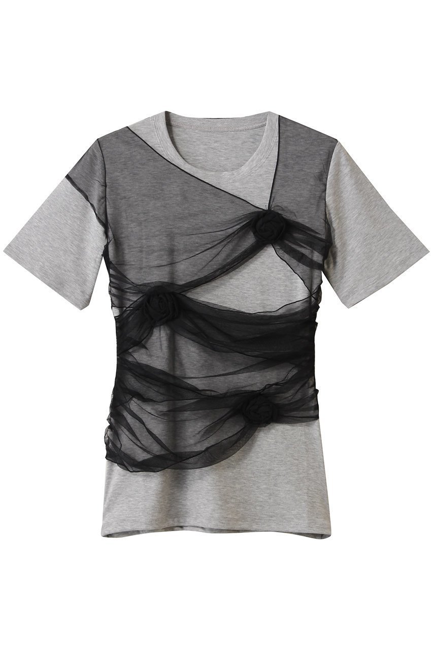 【メゾンスペシャル/MAISON SPECIAL】のFlower Motif Tulle Layered Tops/フラワーモチーフチュールレイヤードトップス インテリア・キッズ・メンズ・レディースファッション・服の通販 founy(ファニー) 　ファッション　Fashion　レディースファッション　Fashion for Women　トップス・カットソー　Cut & Sew Tops　シャツ・ブラウス・オフィスカジュアル　Elegant Blouses & Button-Ups　ロングTシャツ・Tシャツ　Longline T-Shirts & Tees　カットソー・ベーシックTシャツ　Cut-and-Sewn Tops / Stretch Tees & Basics　花柄・フラワープリント・モチーフ　Floral Prints & Motifs / Flower Pattern Tops　シアー　Sheer, See-Through　ショート　Short, Short Length　シンプル　Simple, Minimal　ストレッチ　Stretch, Stretchy Fabric　スリーブ　Sleeve, Long Sleeve / Short Sleeve　フラワー　Flower, Floral　モチーフ　Motif, Design Theme　エレガント 上品　Elegant　GRY(グレー)|ID: prp329100004927652 ipo3291000000036975800