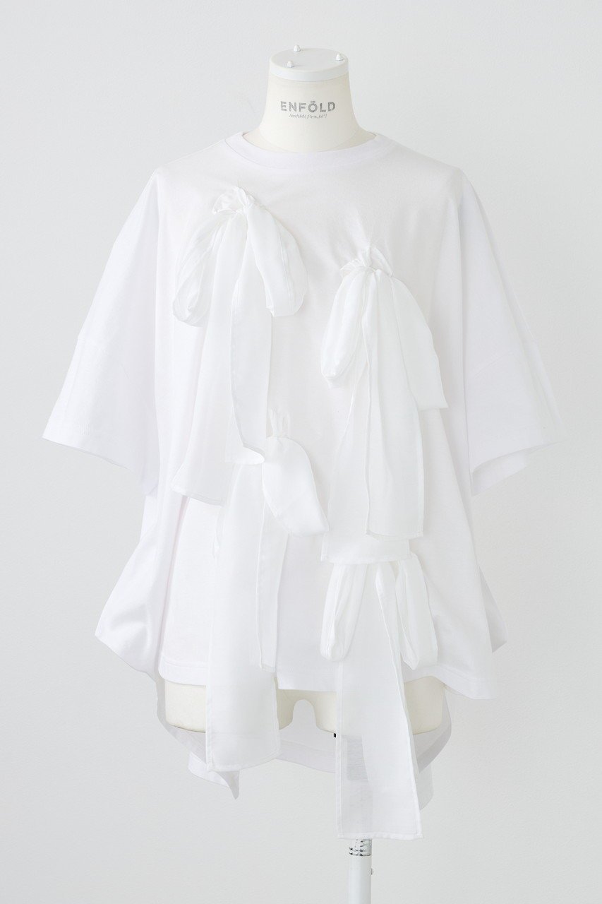 【エンフォルド/ENFOLD】のソフト天竺 リボンモチーフTシャツ インテリア・キッズ・メンズ・レディースファッション・服の通販 founy(ファニー) 　ファッション　Fashion　レディースファッション　Fashion for Women　トップス・カットソー　Cut & Sew Tops　シャツ・ブラウス・オフィスカジュアル　Elegant Blouses & Button-Ups　ロングTシャツ・Tシャツ　Longline T-Shirts & Tees　カットソー・ベーシックTシャツ　Cut-and-Sewn Tops / Stretch Tees & Basics　ギャザー　Gathered, Ruffled　ショート　Short, Short Length　スリーブ　Sleeve, Long Sleeve / Short Sleeve　バランス　Balance, Style Balance　モチーフ　Motif, Design Theme　リボン　Ribbon, Bow　ルーズ　Loose, Oversized　ホワイト|ID: prp329100004927865 ipo3291000000036977826