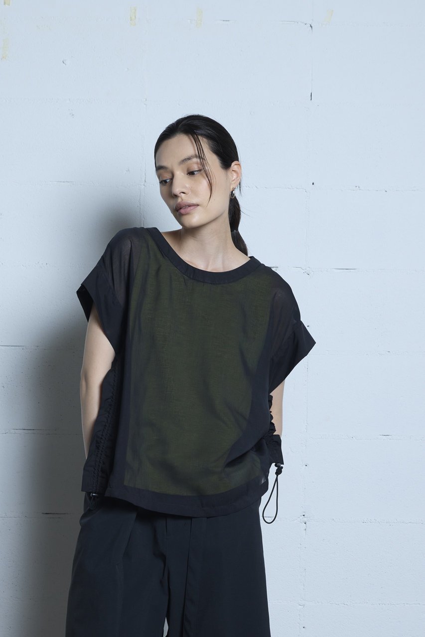 【ピアッカセッテ/ph7+】のドローストリングプルオーバー 人気、トレンドファッション・服の通販 founy(ファニー) 　ファッション　Fashion　レディースファッション　Fashion for Women　トップス・カットソー　Cut & Sew Tops　シャツ・ブラウス・オフィスカジュアル　Elegant Blouses & Button-Ups　ロングTシャツ・Tシャツ　Longline T-Shirts & Tees　カジュアルプルオーバー・ニットトップス　Pullovers & Knit Tops / Casual Pullovers　カットソー・ベーシックTシャツ　Cut-and-Sewn Tops / Stretch Tees & Basics　ギャザー　Gathered, Ruffled　シアー　Sheer, See-Through　ショート　Short, Short Length　スリーブ　Sleeve, Long Sleeve / Short Sleeve　ドッキング　Docking, Mixed Material　ハーフ　Half, Half-Length　夏　Summer　春　Spring　S/S・春夏　SS, Spring/Summer, Warm Season　other-7|ID: prp329100004927961 ipo3291000000036978625