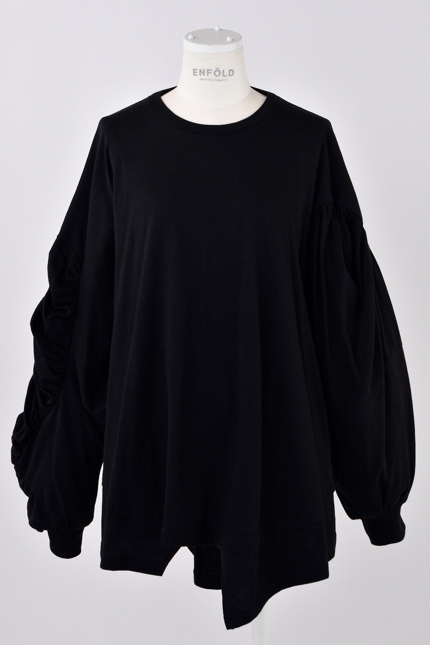 【エンフォルド/ENFOLD】のソフト天竺 ギャザーモチーフロンT インテリア・キッズ・メンズ・レディースファッション・服の通販 founy(ファニー) 　ファッション　Fashion　レディースファッション　Fashion for Women　トップス・カットソー　Cut & Sew Tops　シャツ・ブラウス・オフィスカジュアル　Elegant Blouses & Button-Ups　ロングTシャツ・Tシャツ　Longline T-Shirts & Tees　カットソー・ベーシックTシャツ　Cut-and-Sewn Tops / Stretch Tees & Basics　インナー　Innerwear　ギャザー　Gathered, Ruffled　スリーブ　Sleeve, Long Sleeve / Short Sleeve　ベスト　Vest, Waistcoat　モチーフ　Motif, Design Theme　ロング　Long, Long-Length　ブラック|ID: prp329100004928152 ipo3291000000036980393