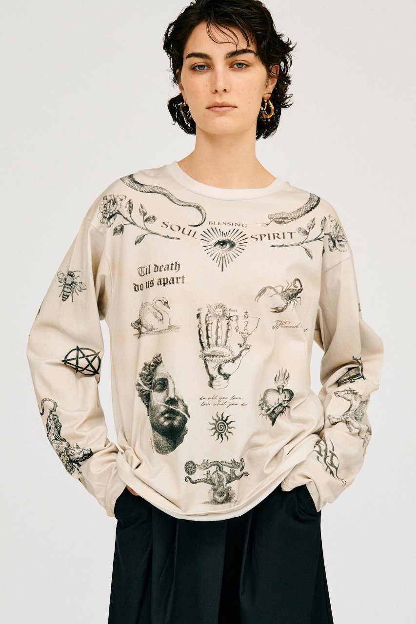 【プランク プロジェクト/PRANK PROJECT】のTATOOプリントロングスリーブTEE / Tattoo Printed Long Sleeve TEE 人気、トレンドファッション・服の通販 founy(ファニー) 　ファッション　Fashion　レディースファッション　Fashion for Women　トップス・カットソー　Cut & Sew Tops　シャツ・ブラウス・オフィスカジュアル　Elegant Blouses & Button-Ups　ロングTシャツ・Tシャツ　Longline T-Shirts & Tees　カットソー・ベーシックTシャツ　Cut-and-Sewn Tops / Stretch Tees & Basics　カットソー　Cut and Sewn Top　スリーブ　Sleeve, Long Sleeve / Short Sleeve　プリント　Print, Printed Pattern　モチーフ　Motif, Design Theme　ロング　Long, Long-Length　ヴィンテージ　Vintage Style　other-4|ID: prp329100004928375 ipo3291000000036982514