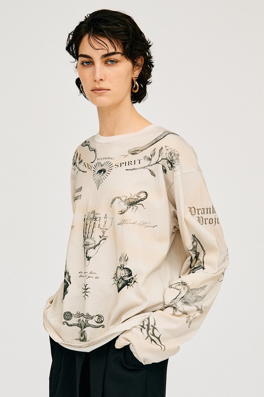 【プランク プロジェクト/PRANK PROJECT】のTATOOプリントロングスリーブTEE / Tattoo Printed Long Sleeve TEE 人気、トレンドファッション・服の通販 founy(ファニー) 　ファッション　Fashion　レディースファッション　Fashion for Women　トップス・カットソー　Cut & Sew Tops　シャツ・ブラウス・オフィスカジュアル　Elegant Blouses & Button-Ups　ロングTシャツ・Tシャツ　Longline T-Shirts & Tees　カットソー・ベーシックTシャツ　Cut-and-Sewn Tops / Stretch Tees & Basics　カットソー　Cut and Sewn Top　スリーブ　Sleeve, Long Sleeve / Short Sleeve　プリント　Print, Printed Pattern　モチーフ　Motif, Design Theme　ロング　Long, Long-Length　ヴィンテージ　Vintage Style　other-5|ID: prp329100004928375 ipo3291000000036982516