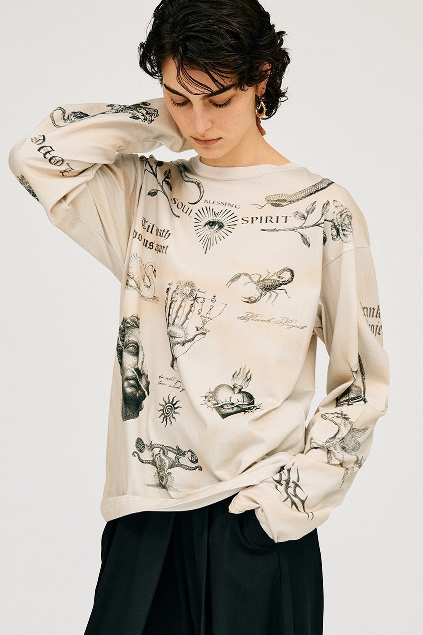 【プランク プロジェクト/PRANK PROJECT】のTATOOプリントロングスリーブTEE / Tattoo Printed Long Sleeve TEE 人気、トレンドファッション・服の通販 founy(ファニー) 　ファッション　Fashion　レディースファッション　Fashion for Women　トップス・カットソー　Cut & Sew Tops　シャツ・ブラウス・オフィスカジュアル　Elegant Blouses & Button-Ups　ロングTシャツ・Tシャツ　Longline T-Shirts & Tees　カットソー・ベーシックTシャツ　Cut-and-Sewn Tops / Stretch Tees & Basics　カットソー　Cut and Sewn Top　スリーブ　Sleeve, Long Sleeve / Short Sleeve　プリント　Print, Printed Pattern　モチーフ　Motif, Design Theme　ロング　Long, Long-Length　ヴィンテージ　Vintage Style　other-8|ID: prp329100004928375 ipo3291000000036982522