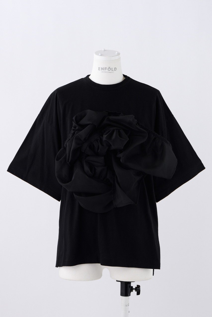 【エンフォルド/ENFOLD】のRoyal Organic オーガンジー T/SH Tシャツ インテリア・キッズ・メンズ・レディースファッション・服の通販 founy(ファニー) 　ファッション　Fashion　レディースファッション　Fashion for Women　トップス・カットソー　Cut & Sew Tops　シャツ・ブラウス・オフィスカジュアル　Elegant Blouses & Button-Ups　ロングTシャツ・Tシャツ　Longline T-Shirts & Tees　カットソー・ベーシックTシャツ　Cut-and-Sewn Tops / Stretch Tees & Basics　オーガンジー　Organza Fabric　ギャザー　Gathered, Ruffled　ショート　Short, Short Length　スリーブ　Sleeve, Long Sleeve / Short Sleeve　ティアード　Tiered, Tiered Style　モチーフ　Motif, Design Theme　ブラック|ID: prp329100004928563 ipo3291000000036984073