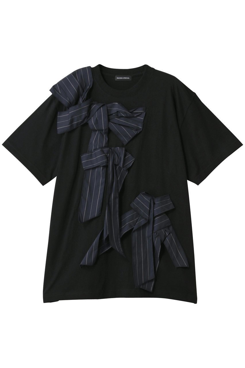 【メゾンスペシャル/MAISON SPECIAL】のTwisted Ribbon Oversize T-shirt/ツイステッドリボンオーバーTシャツ インテリア・キッズ・メンズ・レディースファッション・服の通販 founy(ファニー) 　ファッション　Fashion　レディースファッション　Fashion for Women　トップス・カットソー　Cut & Sew Tops　シャツ・ブラウス・オフィスカジュアル　Elegant Blouses & Button-Ups　ロングTシャツ・Tシャツ　Longline T-Shirts & Tees　カットソー・ベーシックTシャツ　Cut-and-Sewn Tops / Stretch Tees & Basics　ショート　Short, Short Length　シンプル　Simple, Minimal　スリーブ　Sleeve, Long Sleeve / Short Sleeve　タフタ　Taffeta, Structured Fabric　デニム　Denim, Jeans Material　フレア　Flare, Flared　モチーフ　Motif, Design Theme　リボン　Ribbon, Bow　おすすめ　Recommended / Our Picks　夏　Summer　BLK(ブラック)|ID: prp329100004929220 ipo3291000000036992085