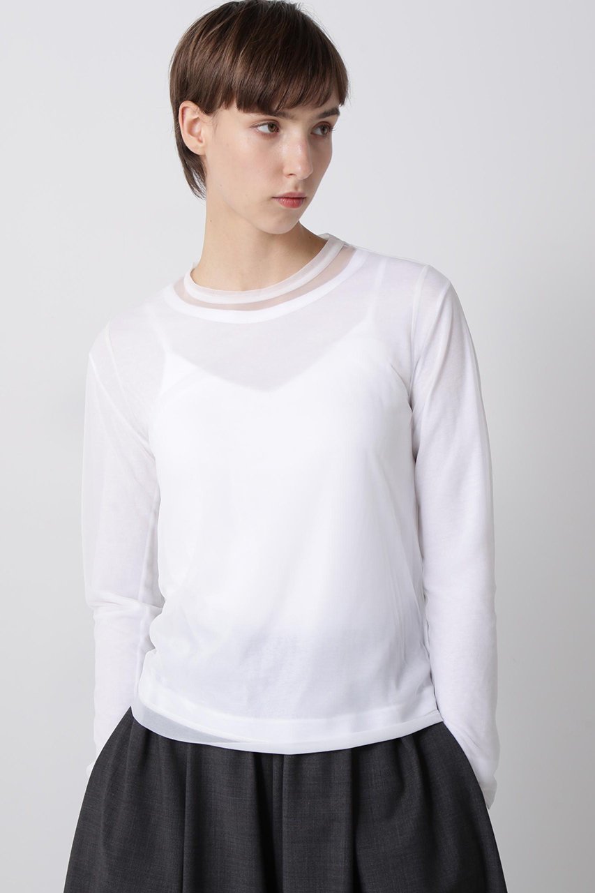 【ヒューエルミュージアム/hueLe Museum】の【hLM】シアーレイヤードTシャツ インテリア・キッズ・メンズ・レディースファッション・服の通販 founy(ファニー) 　ファッション　Fashion　レディースファッション　Fashion for Women　トップス・カットソー　Cut & Sew Tops　シャツ・ブラウス・オフィスカジュアル　Elegant Blouses & Button-Ups　ロングTシャツ・Tシャツ　Longline T-Shirts & Tees　カットソー・ベーシックTシャツ　Cut-and-Sewn Tops / Stretch Tees & Basics　インナー　Innerwear　シアー　Sheer, See-Through　ジャケット　Jacket, Outerwear　スリーブ　Sleeve, Long Sleeve / Short Sleeve　ロング　Long, Long-Length　ホワイト|ID: prp329100004929224 ipo3291000000036992148