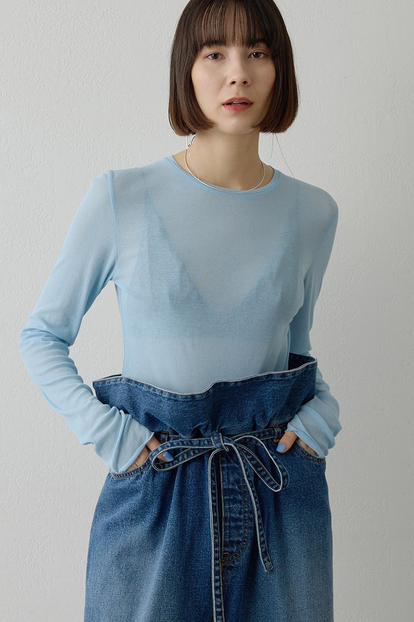【ウィムガゼット/Whim Gazette】のキョウネンシアープルオーバー インテリア・キッズ・メンズ・レディースファッション・服の通販 founy(ファニー) 　ファッション　Fashion　レディースファッション　Fashion for Women　トップス・カットソー　Cut & Sew Tops　シャツ・ブラウス・オフィスカジュアル　Elegant Blouses & Button-Ups　ロングTシャツ・Tシャツ　Longline T-Shirts & Tees　カジュアルプルオーバー・ニットトップス　Pullovers & Knit Tops / Casual Pullovers　カットソー・ベーシックTシャツ　Cut-and-Sewn Tops / Stretch Tees & Basics　インナー　Innerwear　シアー　Sheer, See-Through　ジャケット　Jacket, Outerwear　スリーブ　Sleeve, Long Sleeve / Short Sleeve　ベーシック　Basic, Essential　ロング　Long, Long-Length　エレガント 上品　Elegant　ブルー|ID: prp329100004929922 ipo3291000000036998852