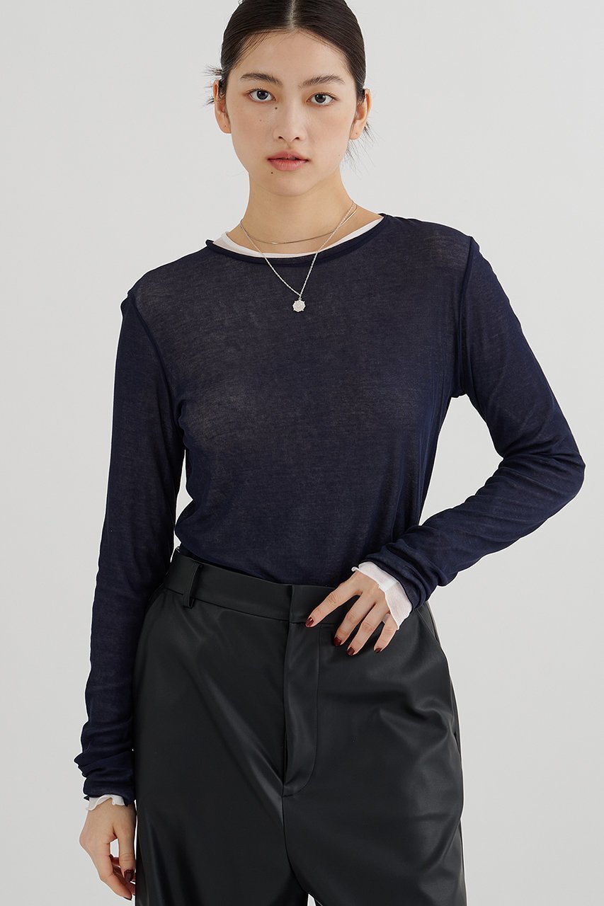 【ウィムガゼット/Whim Gazette】のキョウネンシアープルオーバー インテリア・キッズ・メンズ・レディースファッション・服の通販 founy(ファニー) 　ファッション　Fashion　レディースファッション　Fashion for Women　トップス・カットソー　Cut & Sew Tops　シャツ・ブラウス・オフィスカジュアル　Elegant Blouses & Button-Ups　ロングTシャツ・Tシャツ　Longline T-Shirts & Tees　カジュアルプルオーバー・ニットトップス　Pullovers & Knit Tops / Casual Pullovers　カットソー・ベーシックTシャツ　Cut-and-Sewn Tops / Stretch Tees & Basics　インナー　Innerwear　シアー　Sheer, See-Through　ジャケット　Jacket, Outerwear　スリーブ　Sleeve, Long Sleeve / Short Sleeve　ベーシック　Basic, Essential　ロング　Long, Long-Length　エレガント 上品　Elegant　ネイビー|ID: prp329100004929922 ipo3291000000036998854