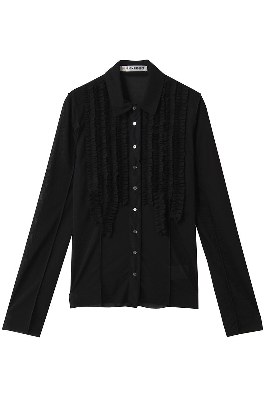 【プランク プロジェクト/PRANK PROJECT】のフリルジャージーシャツ インテリア・キッズ・メンズ・レディースファッション・服の通販 founy(ファニー) 　ファッション　Fashion　レディースファッション　Fashion for Women　トップス・カットソー　Cut & Sew Tops　シャツ・ブラウス・オフィスカジュアル　Elegant Blouses & Button-Ups　ロングTシャツ・Tシャツ　Longline T-Shirts & Tees　カットソー・ベーシックTシャツ　Cut-and-Sewn Tops / Stretch Tees & Basics　おすすめ　Recommended / Our Picks　コンパクト　Compact, Small Size　ストレッチ　Stretch, Stretchy Fabric　スリーブ　Sleeve, Long Sleeve / Short Sleeve　チュール　Tulip, Tulip Motif　デニム　Denim, Jeans Material　バランス　Balance, Style Balance　フィット　Fit, Slim Fit　フリル　Frill, Ruffle　ボトム　Bottoms, Lower Wear　ロング　Long, Long-Length　BLK(ブラック)|ID: prp329100004929970 ipo3291000000036999431