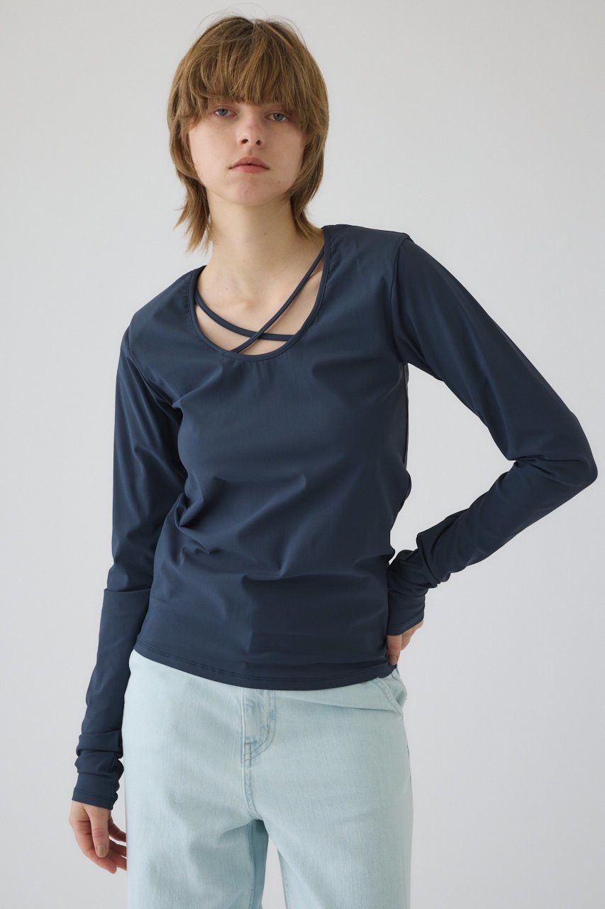 【リムアーク/RIM.ARK】のCross strap skin tops/トップス 人気、トレンドファッション・服の通販 founy(ファニー) 　ファッション　Fashion　レディースファッション　Fashion for Women　トップス・カットソー　Cut & Sew Tops　シャツ・ブラウス・オフィスカジュアル　Elegant Blouses & Button-Ups　ロングTシャツ・Tシャツ　Longline T-Shirts & Tees　カットソー・ベーシックTシャツ　Cut-and-Sewn Tops / Stretch Tees & Basics　おすすめ　Recommended / Our Picks　ストレッチ　Stretch, Stretchy Fabric　スリーブ　Sleeve, Long Sleeve / Short Sleeve　デコルテ　Décolleté, Neckline　フィット　Fit, Slim Fit　ロング　Long, Long-Length　other-6|ID: prp329100004930699 ipo3291000000037007213