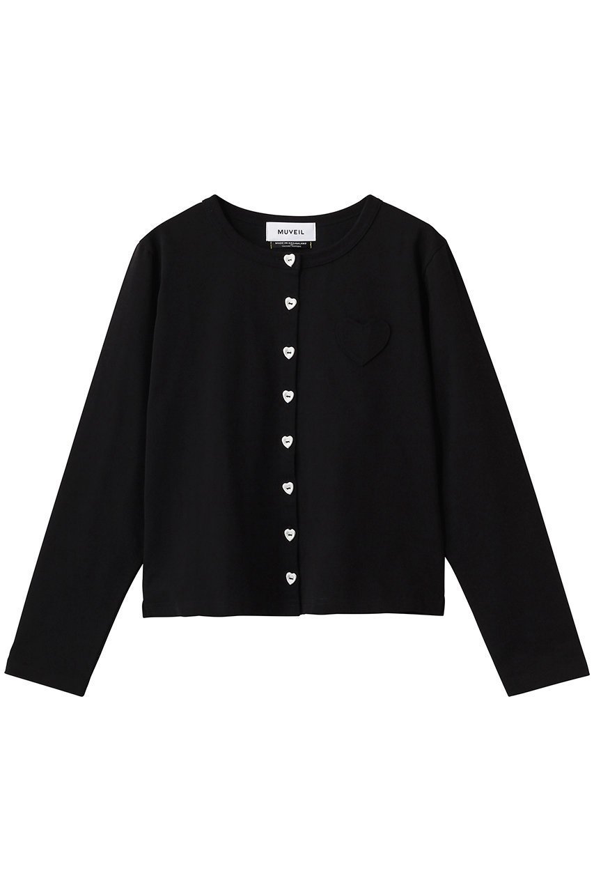 【ミュベール/MUVEIL】のハートボタン天竺カーディガン インテリア・キッズ・メンズ・レディースファッション・服の通販 founy(ファニー) 　ファッション　Fashion　レディースファッション　Fashion for Women　トップス・カットソー　Cut & Sew Tops　カーディガン・羽織り　Layered Style Cardigans　シャツ・ブラウス・オフィスカジュアル　Elegant Blouses & Button-Ups　ロングTシャツ・Tシャツ　Longline T-Shirts & Tees　カットソー・ベーシックTシャツ　Cut-and-Sewn Tops / Stretch Tees & Basics　カーディガン　Cardigan, Knitwear　クロップド　Cropped, Short Length　コンパクト　Compact, Small Size　モノトーン　Monotone, Black and White　再入荷　Restock / Back in Stock　【ELLE SHOP 限定】ブラック|ID: prp329100004930763 ipo3291000000037007802