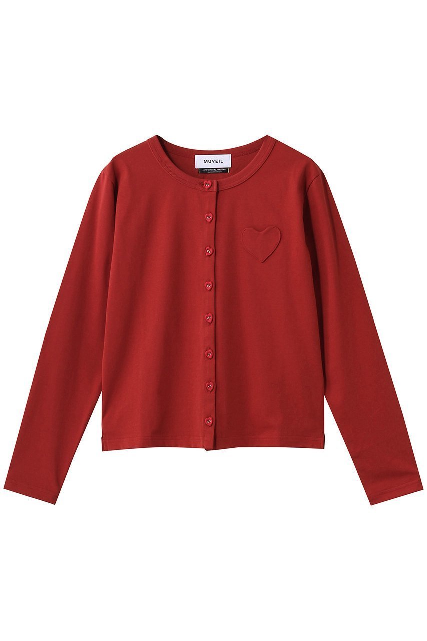 【ミュベール/MUVEIL】のハートボタン天竺カーディガン インテリア・キッズ・メンズ・レディースファッション・服の通販 founy(ファニー) 　ファッション　Fashion　レディースファッション　Fashion for Women　トップス・カットソー　Cut & Sew Tops　カーディガン・羽織り　Layered Style Cardigans　シャツ・ブラウス・オフィスカジュアル　Elegant Blouses & Button-Ups　ロングTシャツ・Tシャツ　Longline T-Shirts & Tees　カットソー・ベーシックTシャツ　Cut-and-Sewn Tops / Stretch Tees & Basics　カーディガン　Cardigan, Knitwear　クロップド　Cropped, Short Length　コンパクト　Compact, Small Size　モノトーン　Monotone, Black and White　再入荷　Restock / Back in Stock　レッド|ID: prp329100004930763 ipo3291000000037007804