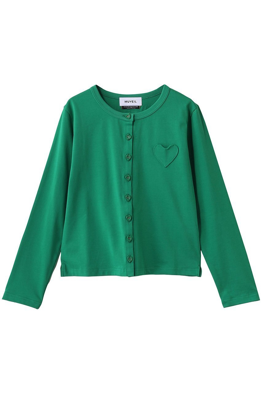 【ミュベール/MUVEIL】のハートボタン天竺カーディガン インテリア・キッズ・メンズ・レディースファッション・服の通販 founy(ファニー) 　ファッション　Fashion　レディースファッション　Fashion for Women　トップス・カットソー　Cut & Sew Tops　カーディガン・羽織り　Layered Style Cardigans　シャツ・ブラウス・オフィスカジュアル　Elegant Blouses & Button-Ups　ロングTシャツ・Tシャツ　Longline T-Shirts & Tees　カットソー・ベーシックTシャツ　Cut-and-Sewn Tops / Stretch Tees & Basics　カーディガン　Cardigan, Knitwear　クロップド　Cropped, Short Length　コンパクト　Compact, Small Size　モノトーン　Monotone, Black and White　再入荷　Restock / Back in Stock　グリーン|ID: prp329100004930763 ipo3291000000037007806