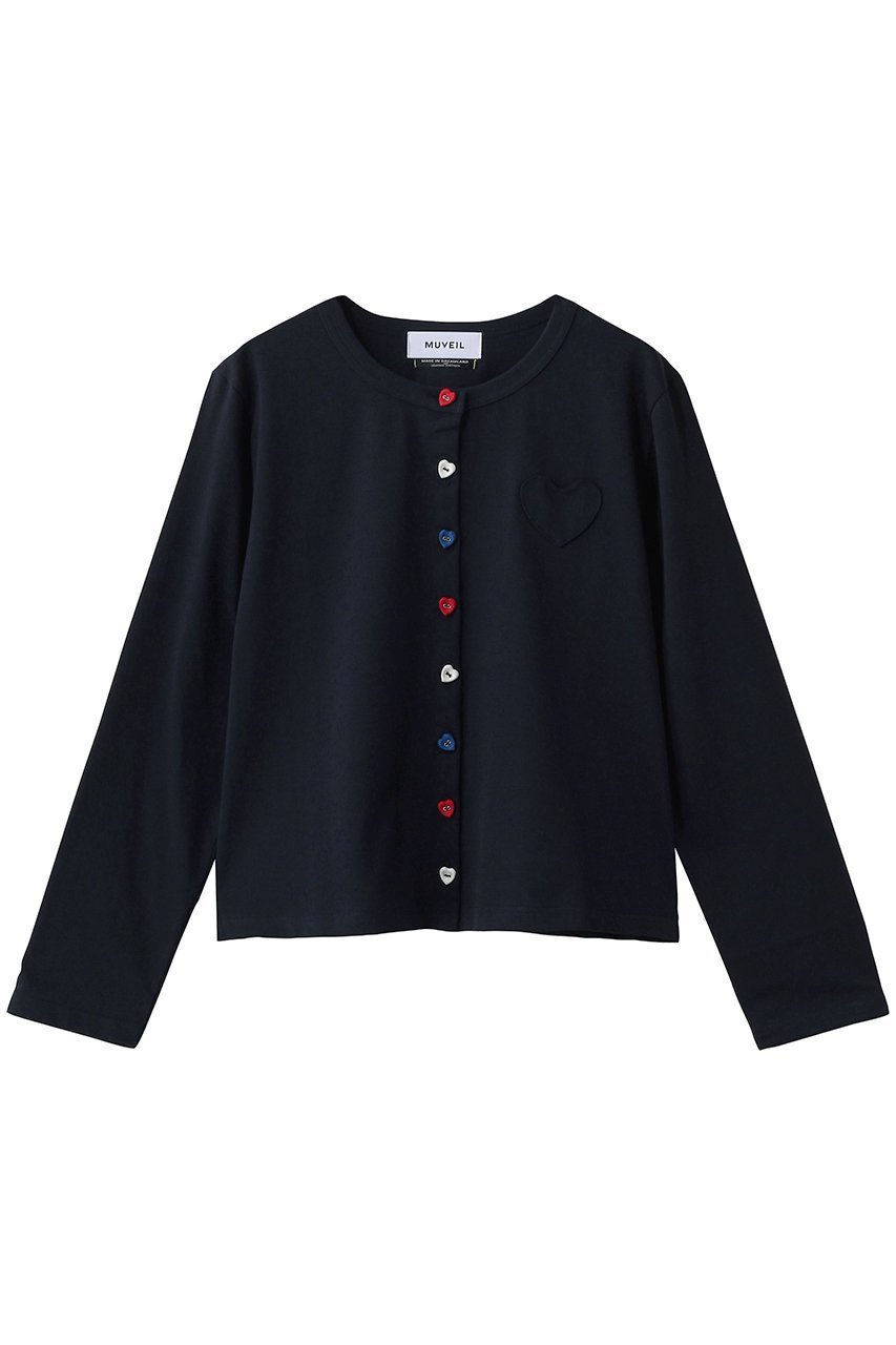 【ミュベール/MUVEIL】のハートボタン天竺カーディガン インテリア・キッズ・メンズ・レディースファッション・服の通販 founy(ファニー) 　ファッション　Fashion　レディースファッション　Fashion for Women　トップス・カットソー　Cut & Sew Tops　カーディガン・羽織り　Layered Style Cardigans　シャツ・ブラウス・オフィスカジュアル　Elegant Blouses & Button-Ups　ロングTシャツ・Tシャツ　Longline T-Shirts & Tees　カットソー・ベーシックTシャツ　Cut-and-Sewn Tops / Stretch Tees & Basics　カーディガン　Cardigan, Knitwear　クロップド　Cropped, Short Length　コンパクト　Compact, Small Size　モノトーン　Monotone, Black and White　再入荷　Restock / Back in Stock　ネイビー|ID: prp329100004930763 ipo3291000000037007808