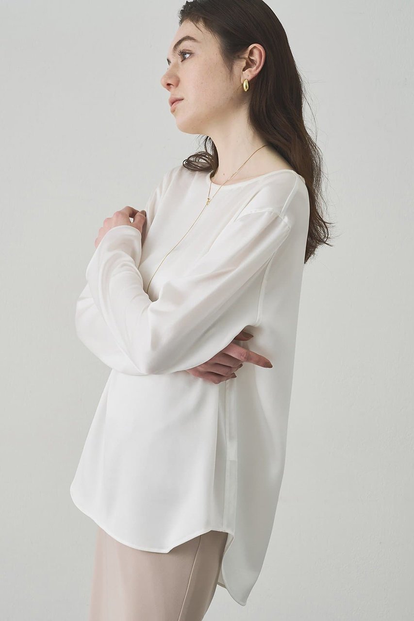 【ウィムガゼット/Whim Gazette】の【Drawing Numbers】サテンボートブラウス 人気、トレンドファッション・服の通販 founy(ファニー) 　ファッション　Fashion　レディースファッション　Fashion for Women　トップス・カットソー　Cut & Sew Tops　シャツ・ブラウス・オフィスカジュアル　Elegant Blouses & Button-Ups　おすすめ　Recommended / Our Picks　なめらか　Smooth, Silky Texture　エレガント 上品　Elegant　サテン　Satin, Glossy Fabric　シルク　Silk, 100% Silk　シンプル　Simple, Minimal　スウェット / スエット　Sweatshirt, Sweatwear　ストレート　Straight, Straight Cut　スリーブ　Sleeve, Long Sleeve / Short Sleeve　デコルテ　Décolleté, Neckline　ラウンド　Round, Round Neck　ロング　Long, Long-Length　ワイド　Wide, Wide Fit　other-2|ID: prp329100004931294 ipo3291000000037012621