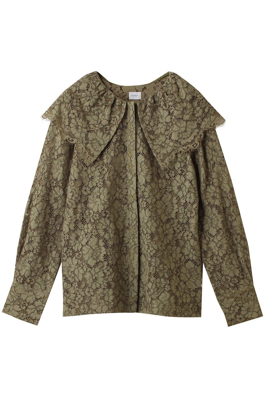 【マノフ/MANOF】のLACE COLLAR SHIRT インテリア・キッズ・メンズ・レディースファッション・服の通販 founy(ファニー) 　ファッション　Fashion　レディースファッション　Fashion for Women　トップス・カットソー　Cut & Sew Tops　シャツ・ブラウス・オフィスカジュアル　Elegant Blouses & Button-Ups　おすすめ　Recommended / Our Picks　エレガント 上品　Elegant　ジャケット　Jacket, Outerwear　スリーブ　Sleeve, Long Sleeve / Short Sleeve　フェミニン　Feminine, Girly　レース　Lace, Lace Fabric　ロング　Long, Long-Length　KHAKI|ID: prp329100004931374 ipo3291000000037013262