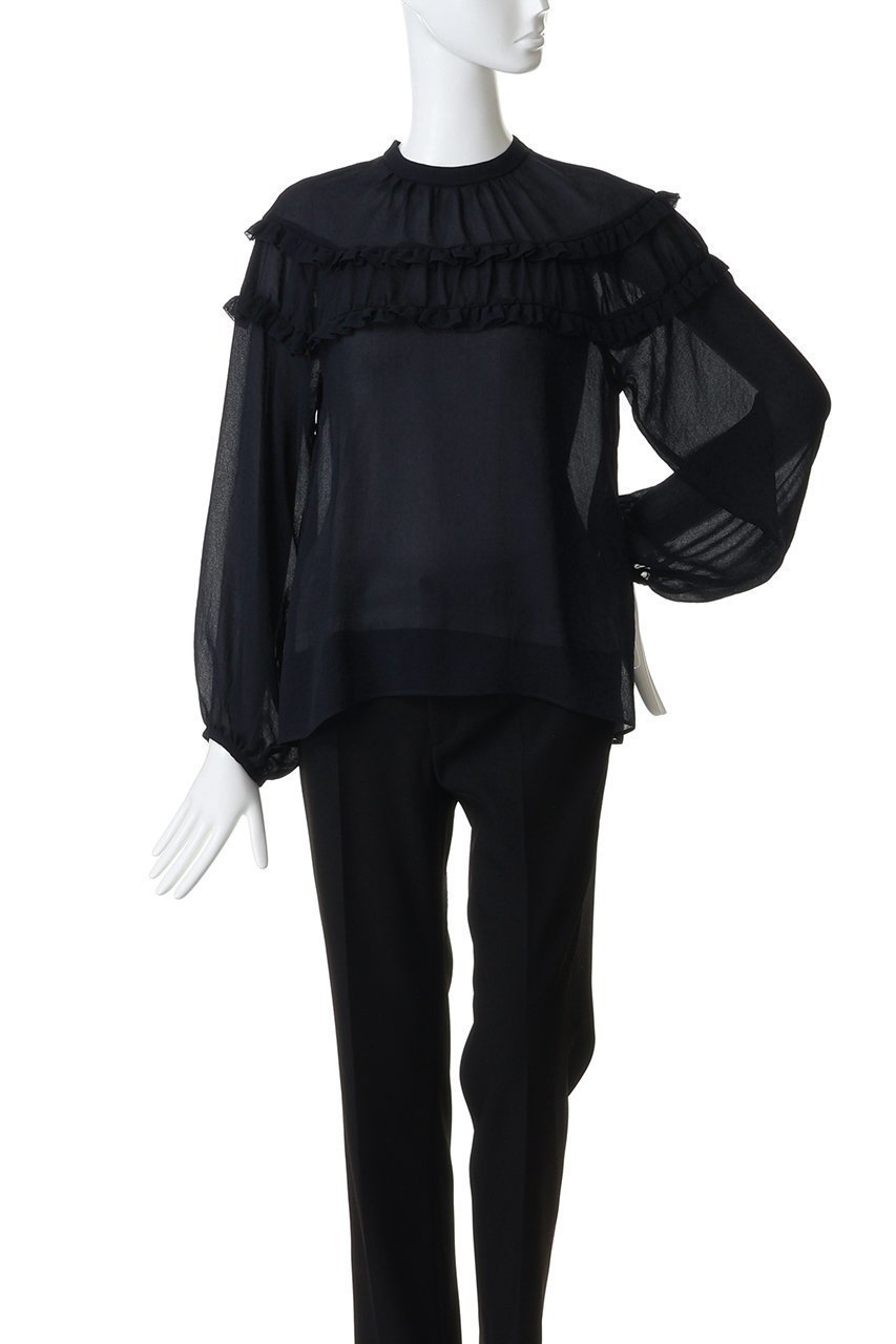 【デザイン ワークス/DESIGN WORKS】のジョーゼットシアーフリルブラウス 人気、トレンドファッション・服の通販 founy(ファニー) 　ファッション　Fashion　レディースファッション　Fashion for Women　トップス・カットソー　Cut & Sew Tops　シャツ・ブラウス・オフィスカジュアル　Elegant Blouses & Button-Ups　おすすめ　Recommended / Our Picks　ジョーゼット　Georgette, Semi-Sheer Fabric　スラックス　Slacks, Dress Pants　スリーブ　Sleeve, Long Sleeve / Short Sleeve　デニム　Denim, Jeans Material　バランス　Balance, Style Balance　ボトム　Bottoms, Lower Wear　ミックス　Mix, Mixed Style　ヨーク　Yoke, Yoke Design　ロング　Long, Long-Length　エレガント 上品　Elegant　other-2|ID: prp329100004931798 ipo3291000000037016111