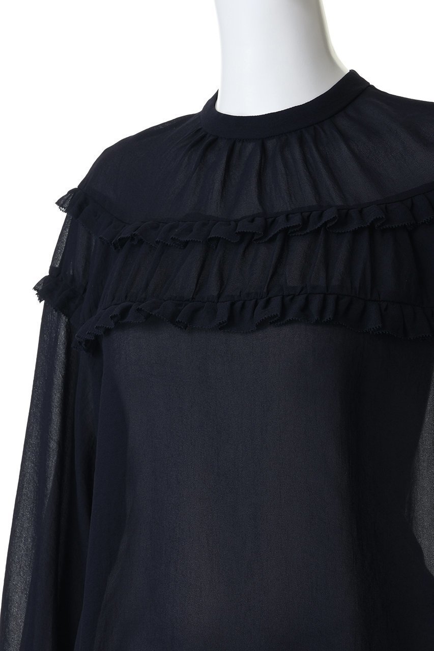 【デザイン ワークス/DESIGN WORKS】のジョーゼットシアーフリルブラウス 人気、トレンドファッション・服の通販 founy(ファニー) 　ファッション　Fashion　レディースファッション　Fashion for Women　トップス・カットソー　Cut & Sew Tops　シャツ・ブラウス・オフィスカジュアル　Elegant Blouses & Button-Ups　おすすめ　Recommended / Our Picks　ジョーゼット　Georgette, Semi-Sheer Fabric　スラックス　Slacks, Dress Pants　スリーブ　Sleeve, Long Sleeve / Short Sleeve　デニム　Denim, Jeans Material　バランス　Balance, Style Balance　ボトム　Bottoms, Lower Wear　ミックス　Mix, Mixed Style　ヨーク　Yoke, Yoke Design　ロング　Long, Long-Length　エレガント 上品　Elegant　other-5|ID: prp329100004931798 ipo3291000000037016116