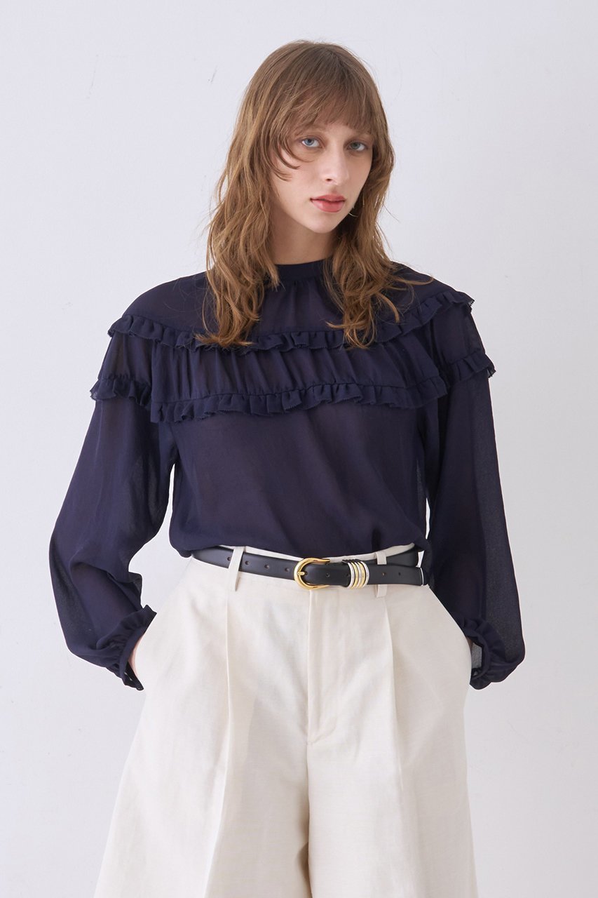 【デザイン ワークス/DESIGN WORKS】のジョーゼットシアーフリルブラウス 人気、トレンドファッション・服の通販 founy(ファニー) 　ファッション　Fashion　レディースファッション　Fashion for Women　トップス・カットソー　Cut & Sew Tops　シャツ・ブラウス・オフィスカジュアル　Elegant Blouses & Button-Ups　おすすめ　Recommended / Our Picks　ジョーゼット　Georgette, Semi-Sheer Fabric　スラックス　Slacks, Dress Pants　スリーブ　Sleeve, Long Sleeve / Short Sleeve　デニム　Denim, Jeans Material　バランス　Balance, Style Balance　ボトム　Bottoms, Lower Wear　ミックス　Mix, Mixed Style　ヨーク　Yoke, Yoke Design　ロング　Long, Long-Length　エレガント 上品　Elegant　other-7|ID: prp329100004931798 ipo3291000000037016120