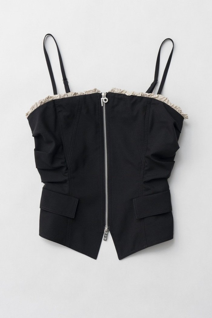 【プランク プロジェクト/PRANK PROJECT】のラッフルレイヤードビスチェ / Ruffled Layered Bustier インテリア・キッズ・メンズ・レディースファッション・服の通販 founy(ファニー) https://founy.com/ ファッション Fashion レディースファッション Fashion for Women トップス・カットソー Cut & Sew Tops キャミソール&ノースリーブ Camisoles & Sleeveless Tops シャツ・ブラウス・オフィスカジュアル Elegant Blouses & Button-Ups ビスチェ Bustiers & Corset Tops / Layered Bustier Style クラシカル Classical, Vintage-Inspired ジップ Zip, Zipper ジャケット Jacket, Outerwear ストライプ Stripe, Striped Pattern タフタ Taffeta, Structured Fabric トレンド Trend, Trending Now ノースリーブ Sleeveless, No-Sleeve ビスチェ Bustier, Corset Top フィット Fit, Slim Fit フロント Front, Front Design ラッフル Ruffle, Frill ラップ Wrap, Wrap Design ランダム Random, Irregular エレガント 上品 Elegant |ID: prp329100004931849 ipo3291000000037016493