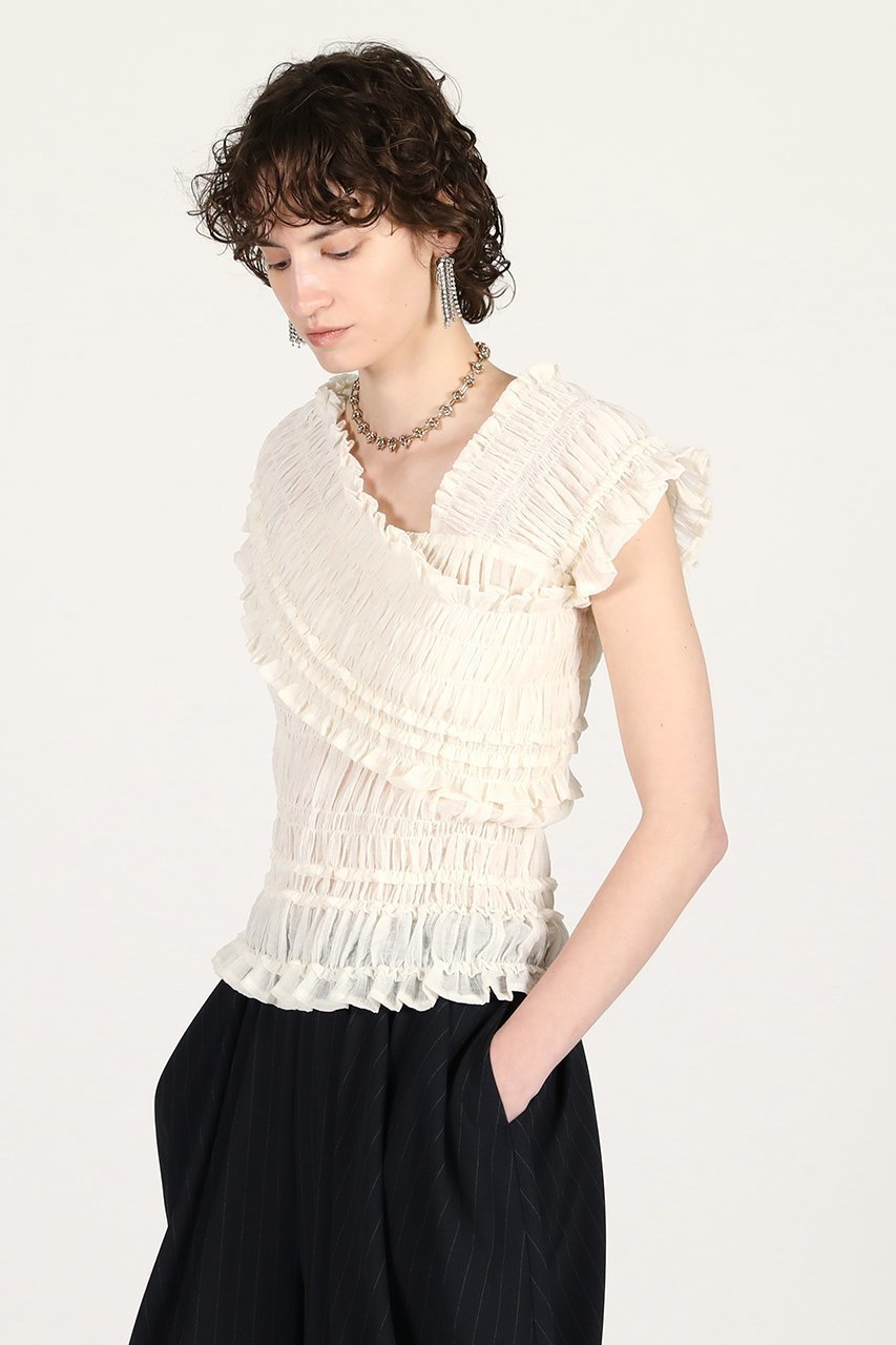 【プランク プロジェクト/PRANK PROJECT】のクレープシャーリングトップス / Crepe Shirring Top 人気、トレンドファッション・服の通販 founy(ファニー) 　ファッション　Fashion　レディースファッション　Fashion for Women　トップス・カットソー　Cut & Sew Tops　シャツ・ブラウス・オフィスカジュアル　Elegant Blouses & Button-Ups　おすすめ　Recommended / Our Picks　アシンメトリー　Asymmetrical Style　コンパクト　Compact, Small Size　シアー　Sheer, See-Through　シフォン　Chiffon, Lightweight Fabric　シャーリング　Shirring, Ruched　ショート　Short, Short Length　ストレッチ　Stretch, Stretchy Fabric　スリーブ　Sleeve, Long Sleeve / Short Sleeve　デニム　Denim, Jeans Material　バランス　Balance, Style Balance　フェミニン　Feminine, Girly　新作・新入荷　New Arrivals / New In　other-2|ID: prp329100004932038 ipo3291000000037017823