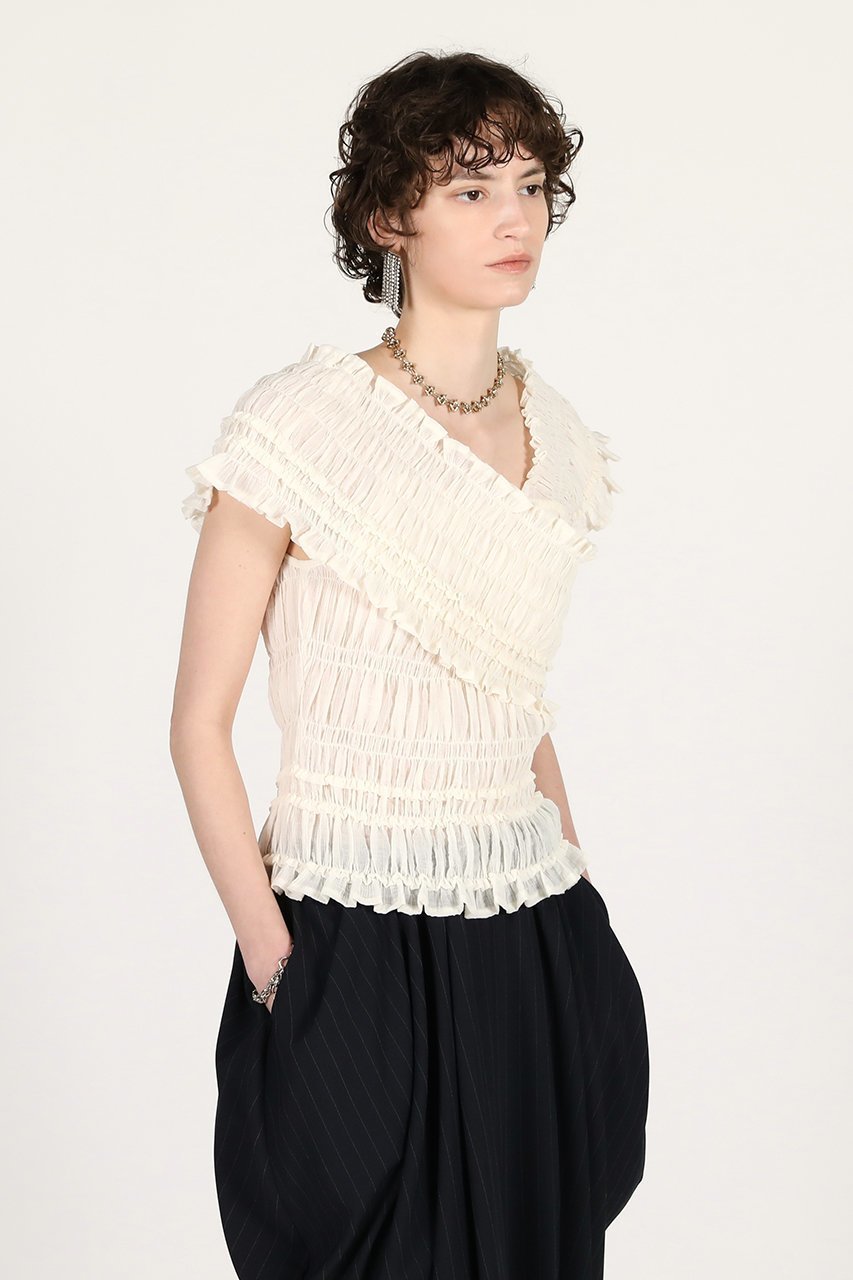 【プランク プロジェクト/PRANK PROJECT】のクレープシャーリングトップス / Crepe Shirring Top 人気、トレンドファッション・服の通販 founy(ファニー) 　ファッション　Fashion　レディースファッション　Fashion for Women　トップス・カットソー　Cut & Sew Tops　シャツ・ブラウス・オフィスカジュアル　Elegant Blouses & Button-Ups　おすすめ　Recommended / Our Picks　アシンメトリー　Asymmetrical Style　コンパクト　Compact, Small Size　シアー　Sheer, See-Through　シフォン　Chiffon, Lightweight Fabric　シャーリング　Shirring, Ruched　ショート　Short, Short Length　ストレッチ　Stretch, Stretchy Fabric　スリーブ　Sleeve, Long Sleeve / Short Sleeve　デニム　Denim, Jeans Material　バランス　Balance, Style Balance　フェミニン　Feminine, Girly　新作・新入荷　New Arrivals / New In　other-3|ID: prp329100004932038 ipo3291000000037017824